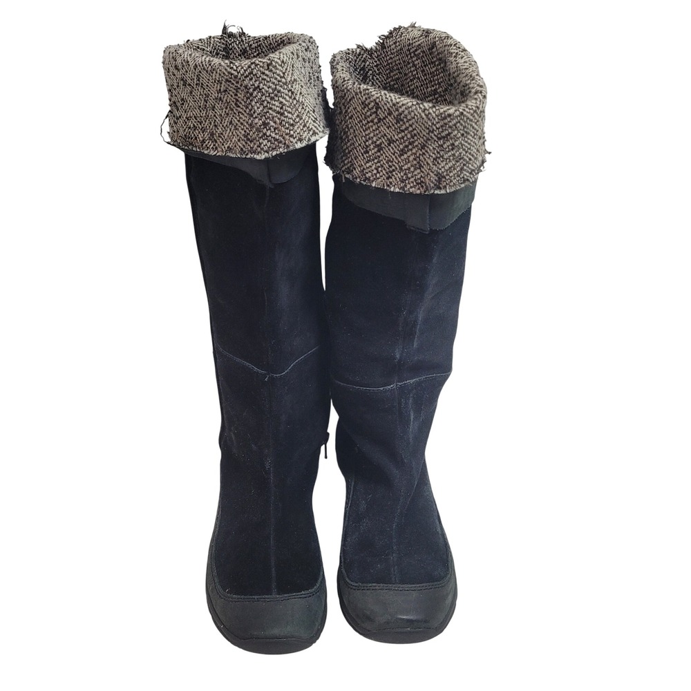 Merrell Black Suede Mid Calf Boots Tweed Fold Over Cuff Side Zip Womens
